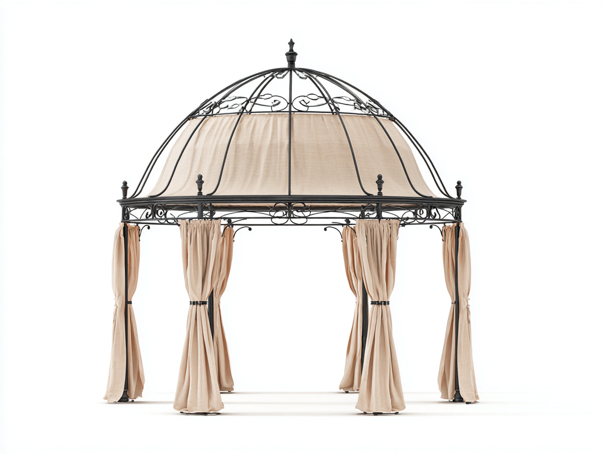 Pérgola de jardín de metal 320x320x310 cm - Negro-Beige - Diseño clásico con techo abovedado y cortinas laterales