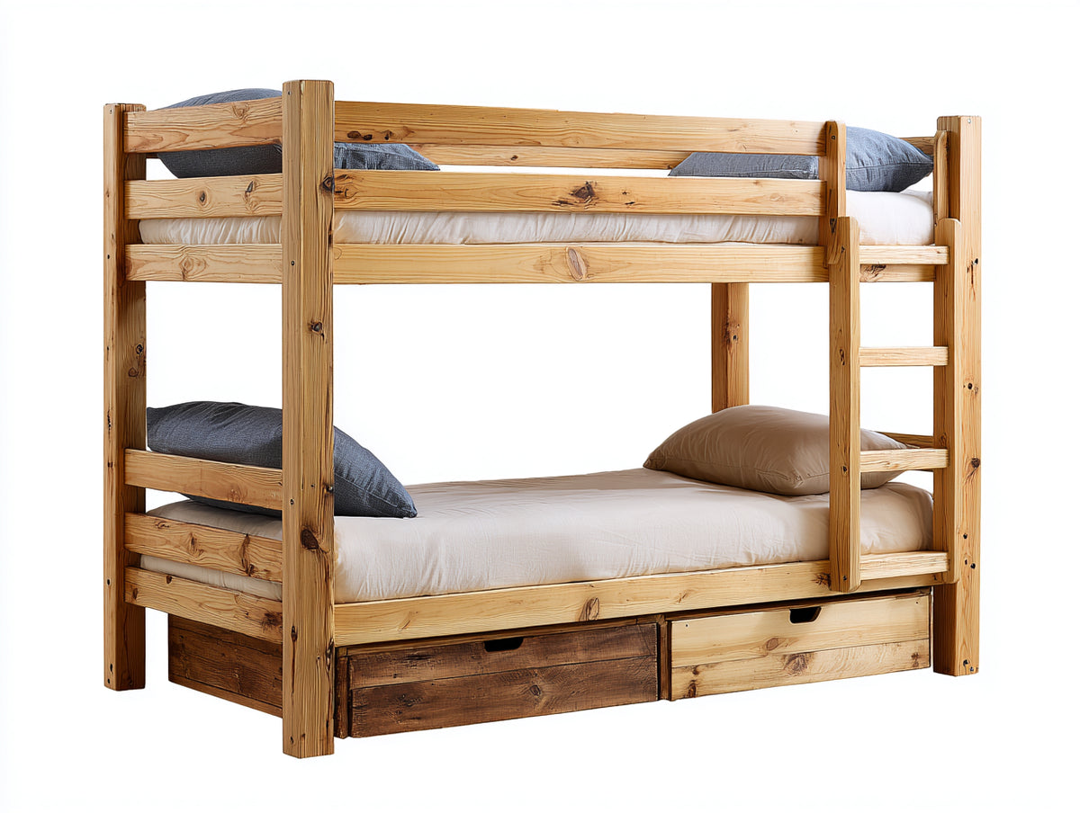 Literas de madera 205x105x175 cm - marrón natural - diseño rústico con escalera y 2 cajones inferiores