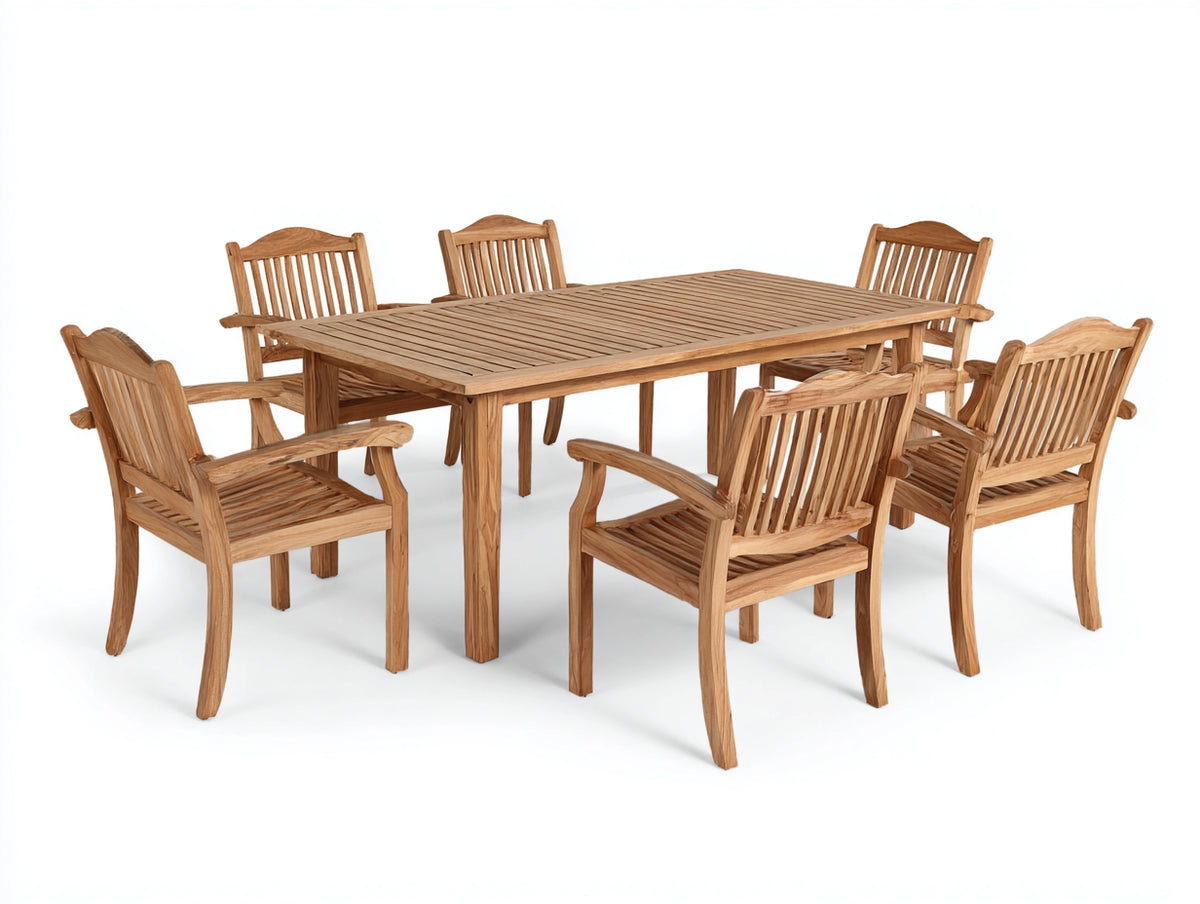 Conjuntos de comedor de jardín de madera maciza con mesa 180 x 90 x 75 cm y 6 sillas - Madera natural - Diseño de exterior con asientos de listones