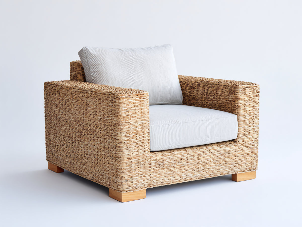 Sillones de ratán con estructura tejida 92 x 88 x 82 cm - Marrón natural-Blanco - Diseño amplio con reposabrazos para interior y terraza