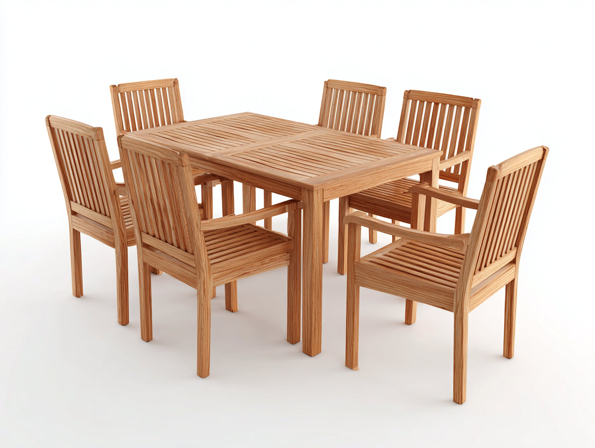 Conjuntos de comedor de jardín de madera maciza para 6 personas 150x90x75 cm - Madera natural - Mesa rectangular y 6 sillas con reposabrazos