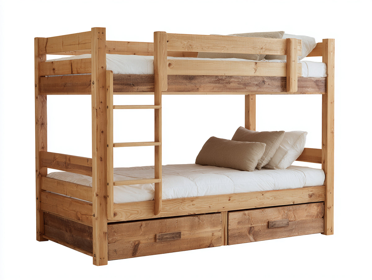 Literas de madera 210 x 105 x 175 cm - pino natural - con escalera frontal y 2 cajones inferiores