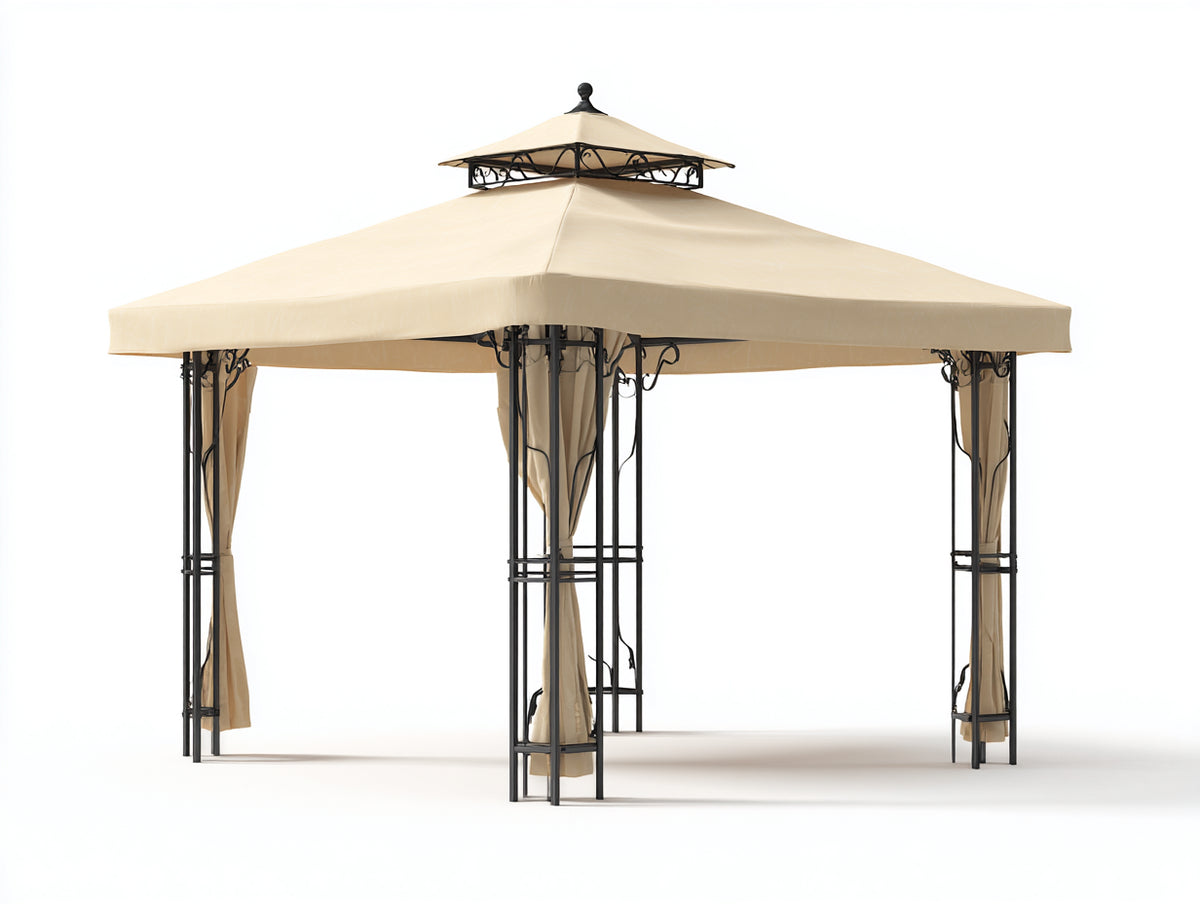 Pérgola de jardín de metal 300x300x285 cm - Negro-Beige - Diseño clásico con doble techo y cortinas laterales