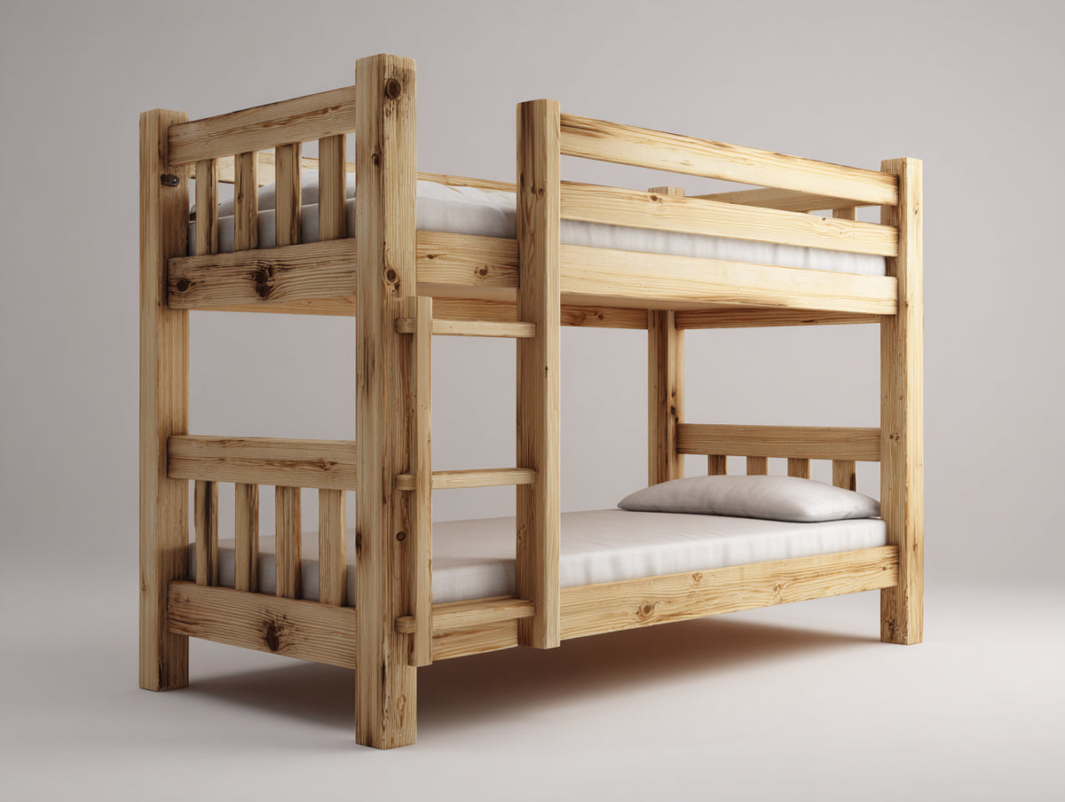 Literas de madera maciza de pino 200x100x170 cm - Madera natural - Diseño clásico con escalera integrada