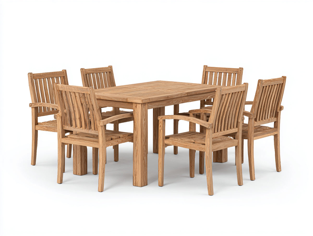 Conjuntos de comedor de jardín de madera 180x100x75 cm - marrón natural - mesa rectangular con 6 sillas con reposabrazos