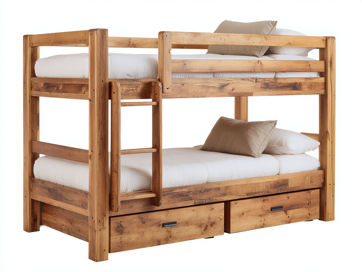 Literas de madera 205x110x175 cm - marrón natural - diseño rústico con escalera frontal y 2 cajones inferiores