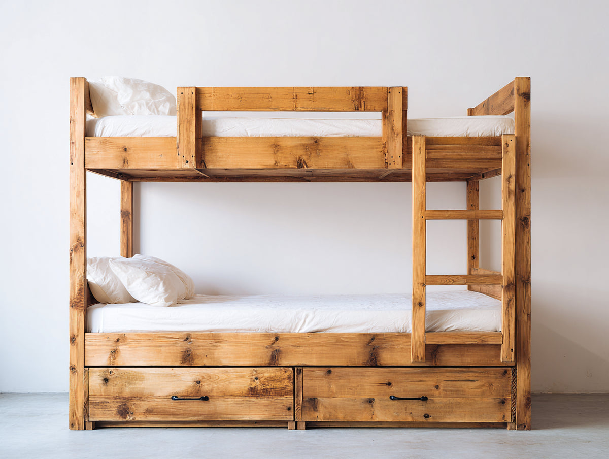 Literas de madera maciza con escalera y 2 cajones 210 x 100 x 170 cm - Madera natural - Diseño funcional con almacenamiento