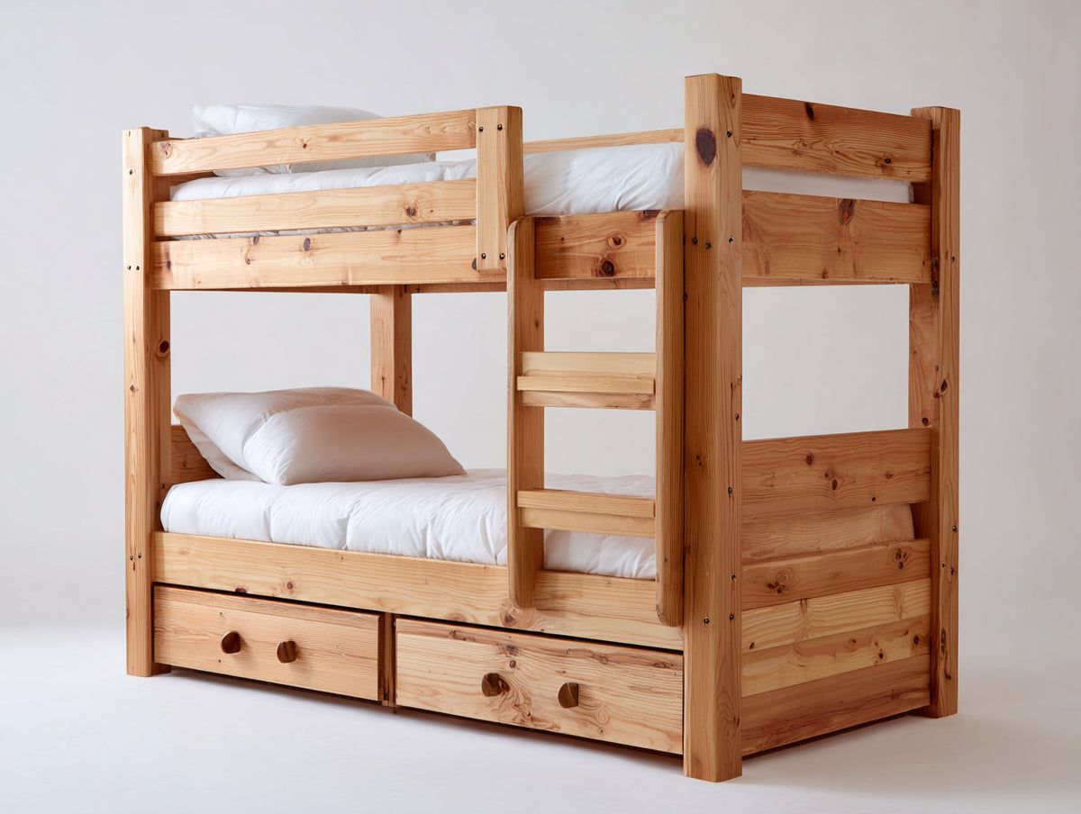 Literas de madera 205 x 100 x 175 cm - pino natural - con escalera frontal y 2 cajones inferiores