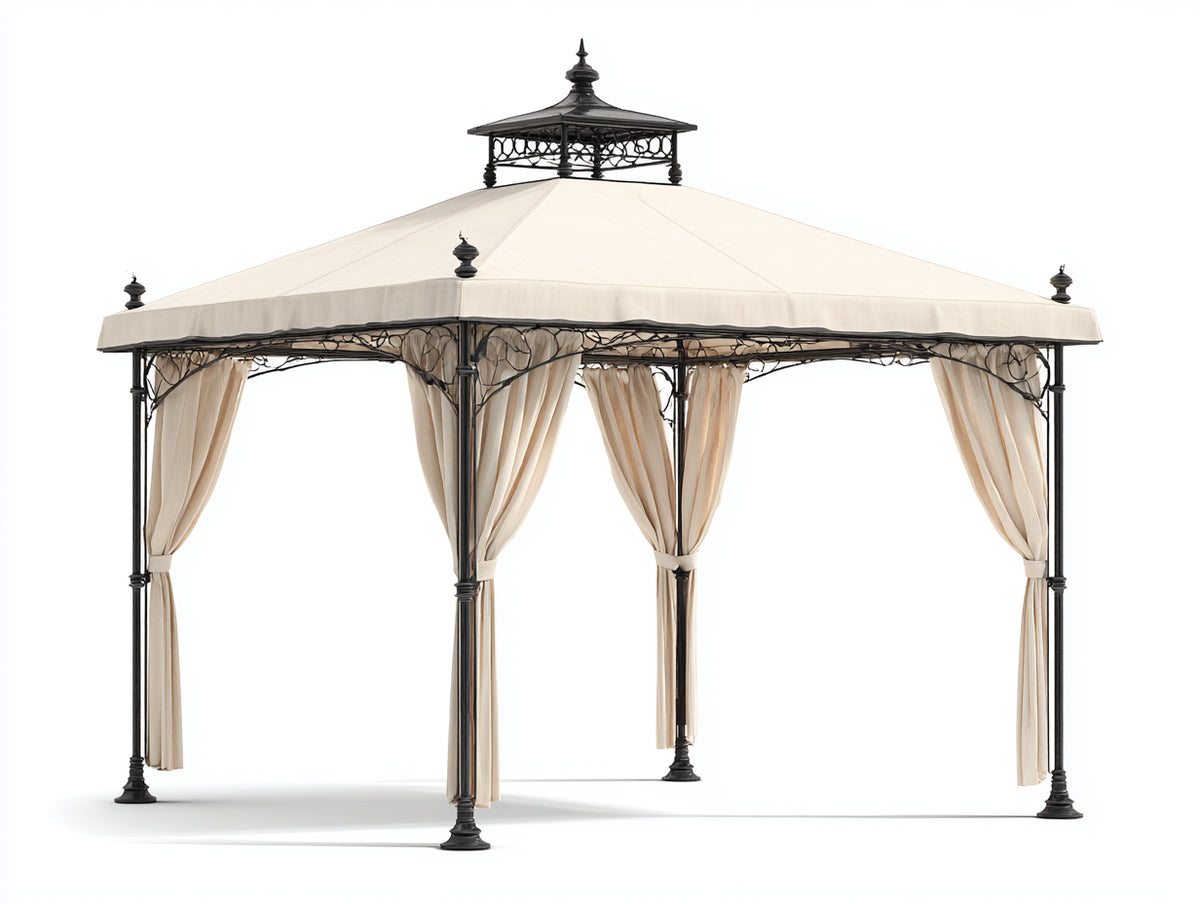 Pérgola de jardín 300 x 300 x 290 cm - metal negro y cubierta beige - diseño clásico con cortinas laterales