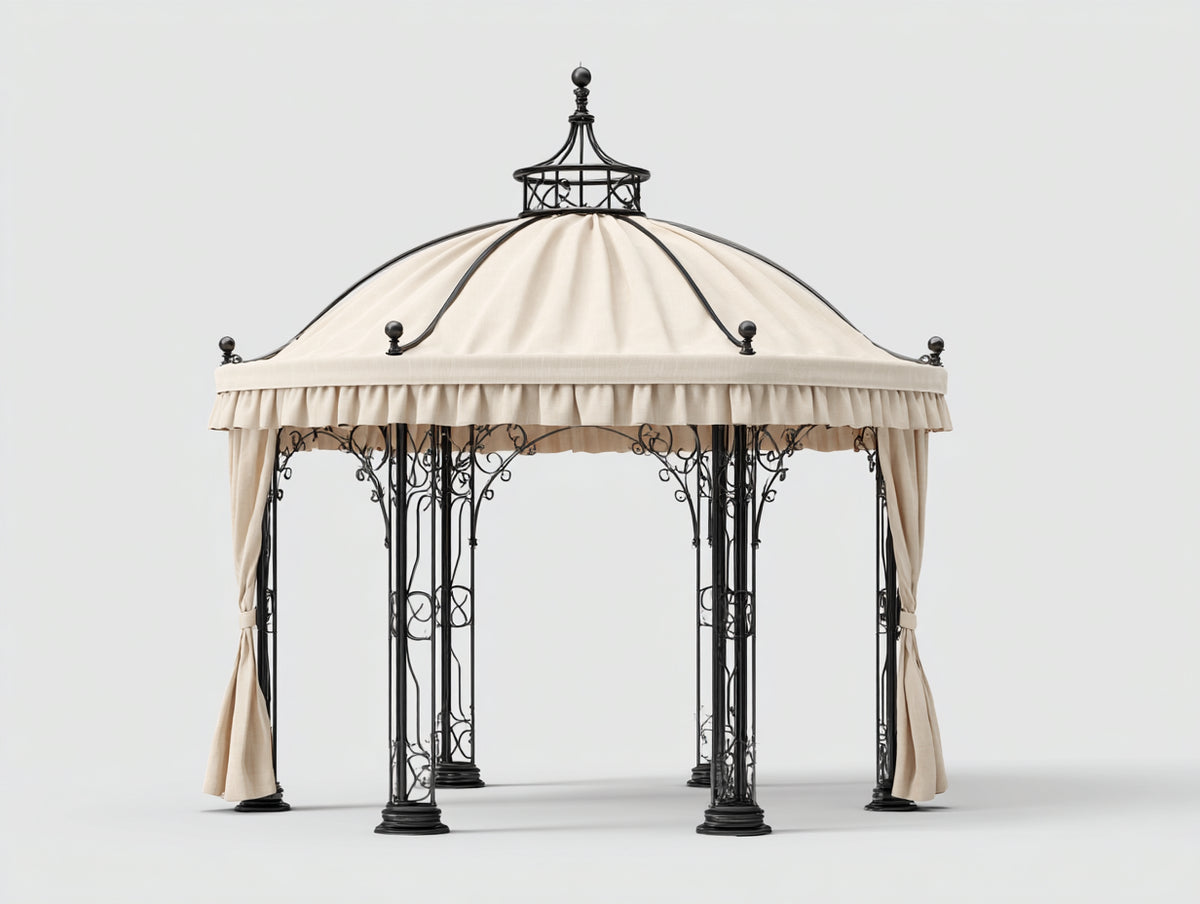Pérgola de jardín de metal 300x300x320 cm - Negro-Beige - Diseño clásico con techo de tela y cortinas laterales