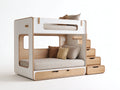 Literas con escalera de almacenamiento en madera manufacturada 210x110x175 cm - Blanco y madera natural - Diseño moderno con cajones integrados