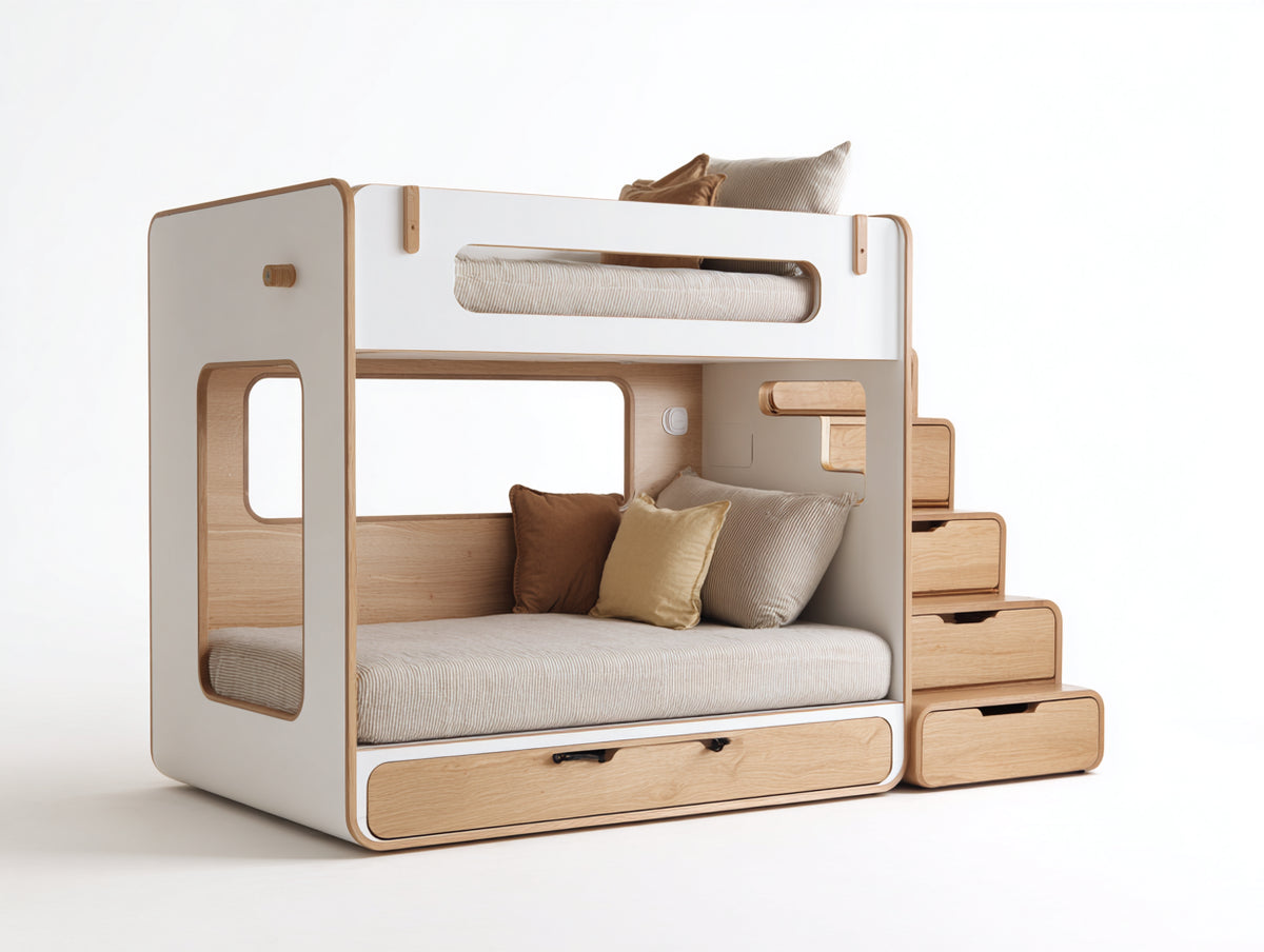 Literas con escalera de almacenamiento en madera manufacturada 210x110x175 cm - Blanco y madera natural - Diseño moderno con cajones integrados