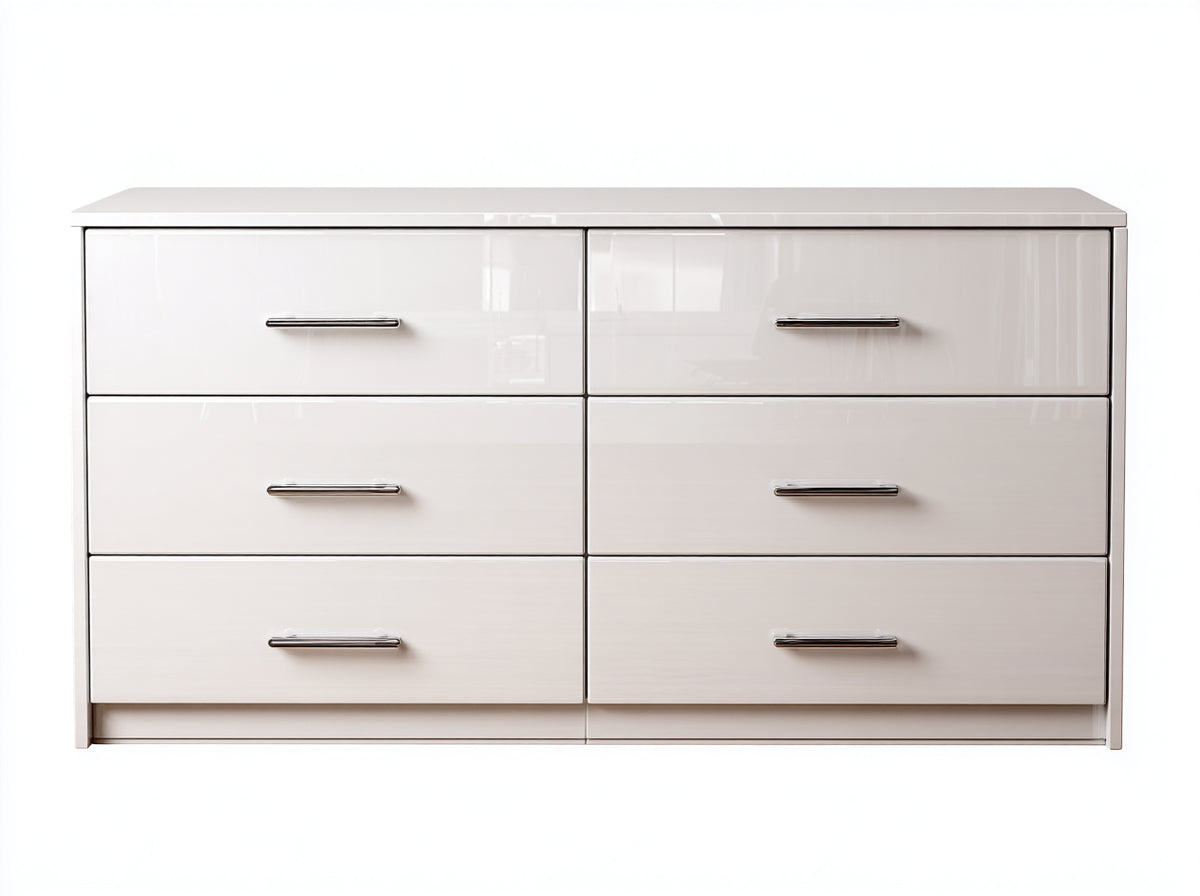 Cómodas de 6 cajones en madera manufacturada 120x40x75 cm - Blanco brillante - Diseño moderno con tiradores metálicos