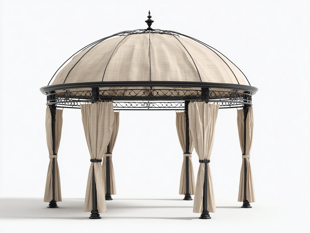 Pérgola de jardín de metal 320x320x300 cm - Negro-Beige - Diseño clásico con techo abovedado y cortinas laterales
