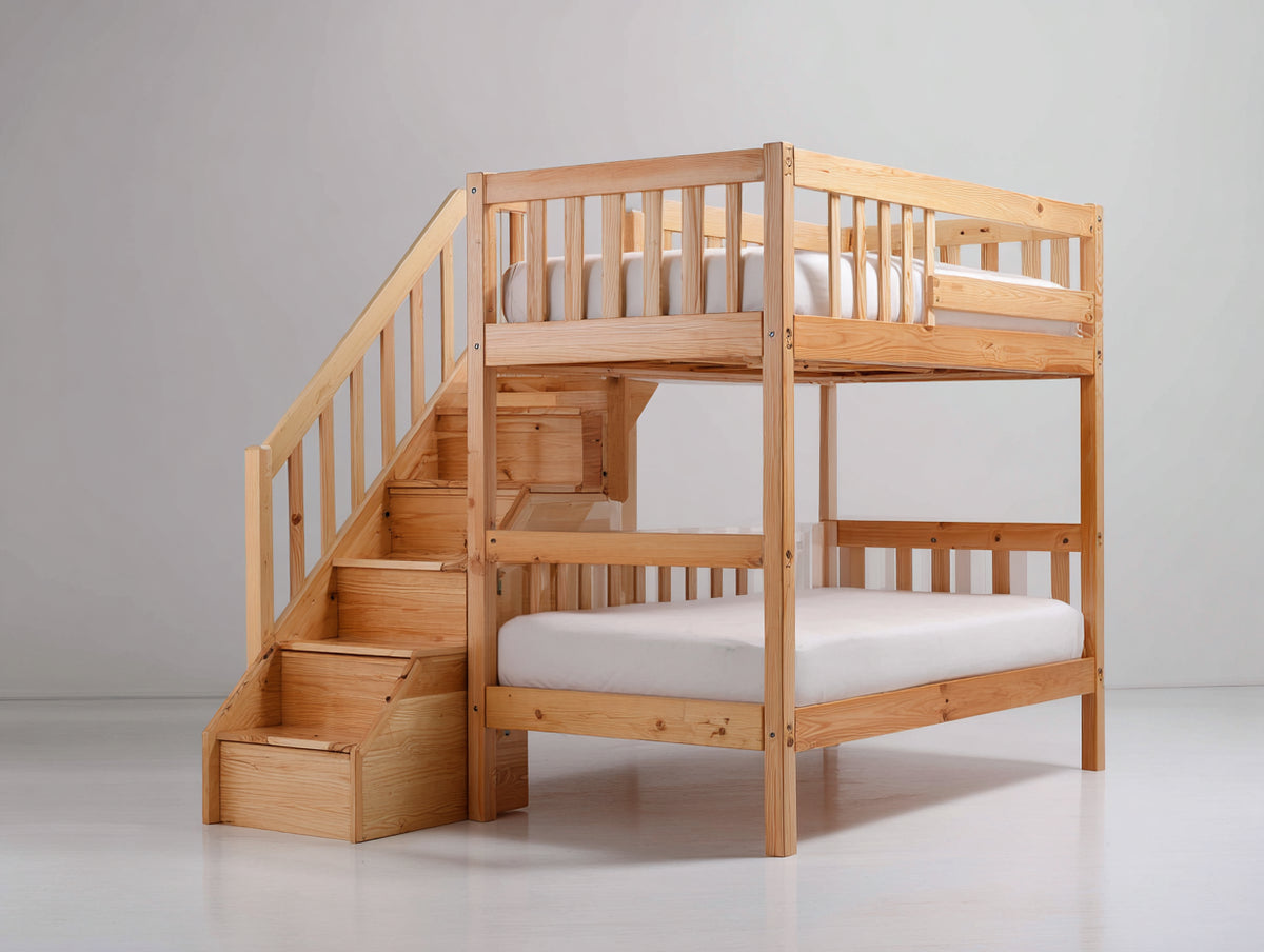 Literas de madera maciza 245 x 105 x 170 cm - madera natural - con escalera lateral y barandillas de seguridad