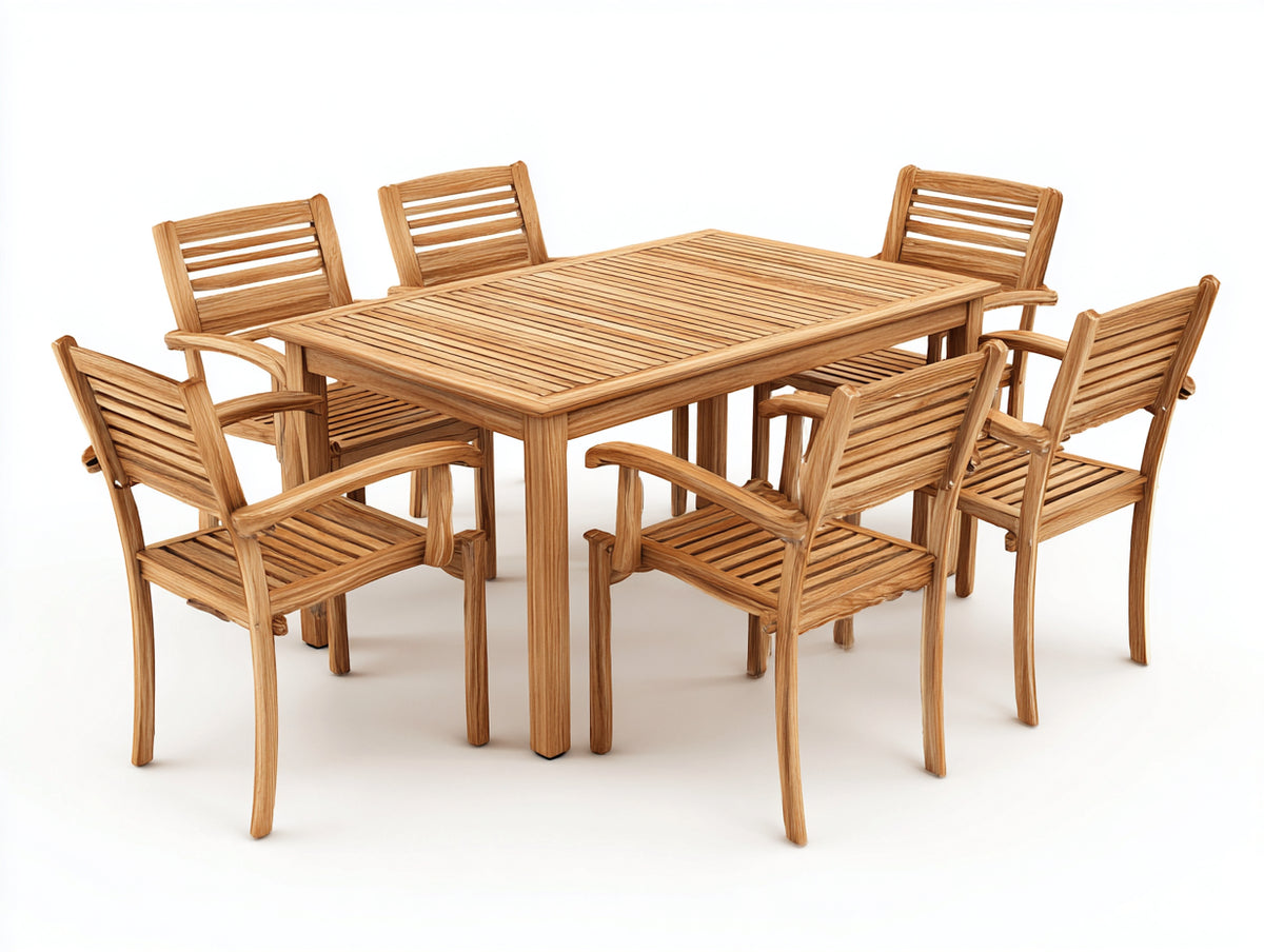 Conjuntos de comedor de jardín de madera 160 x 90 x 75 cm - marrón natural - mesa rectangular con 6 sillas con reposabrazos