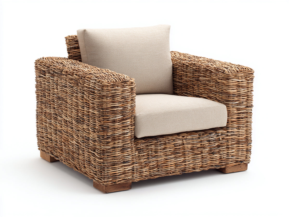Sillones de ratán con estructura tejida 90 x 85 x 80 cm - Marrón natural-Beige - Diseño amplio con reposabrazos para interior y terraza