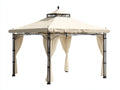 Pérgola de jardín 300x300x285 cm - metal negro y tejido beige - diseño clásico con techo ventilado y cortinas laterales