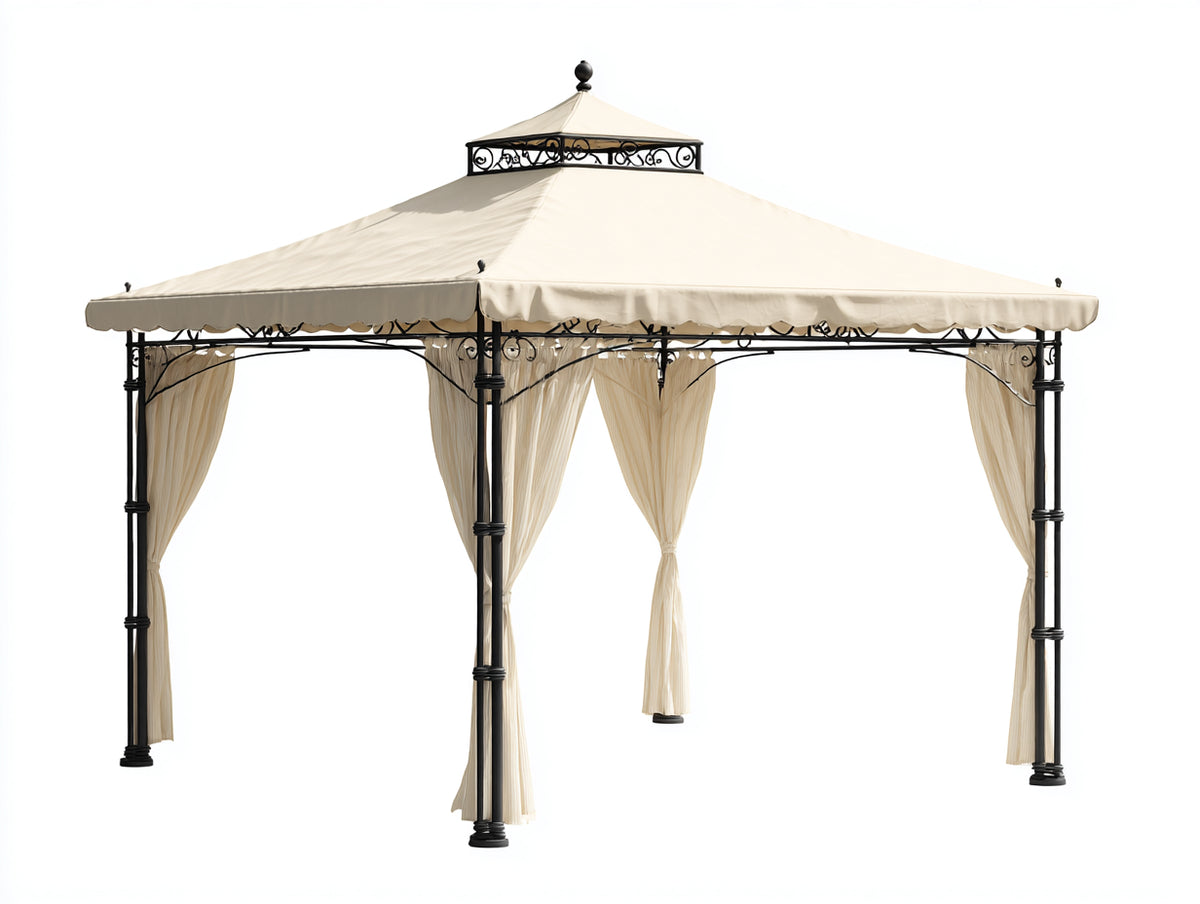 Pérgola de jardín 300x300x285 cm - metal negro y tejido beige - diseño clásico con techo ventilado y cortinas laterales