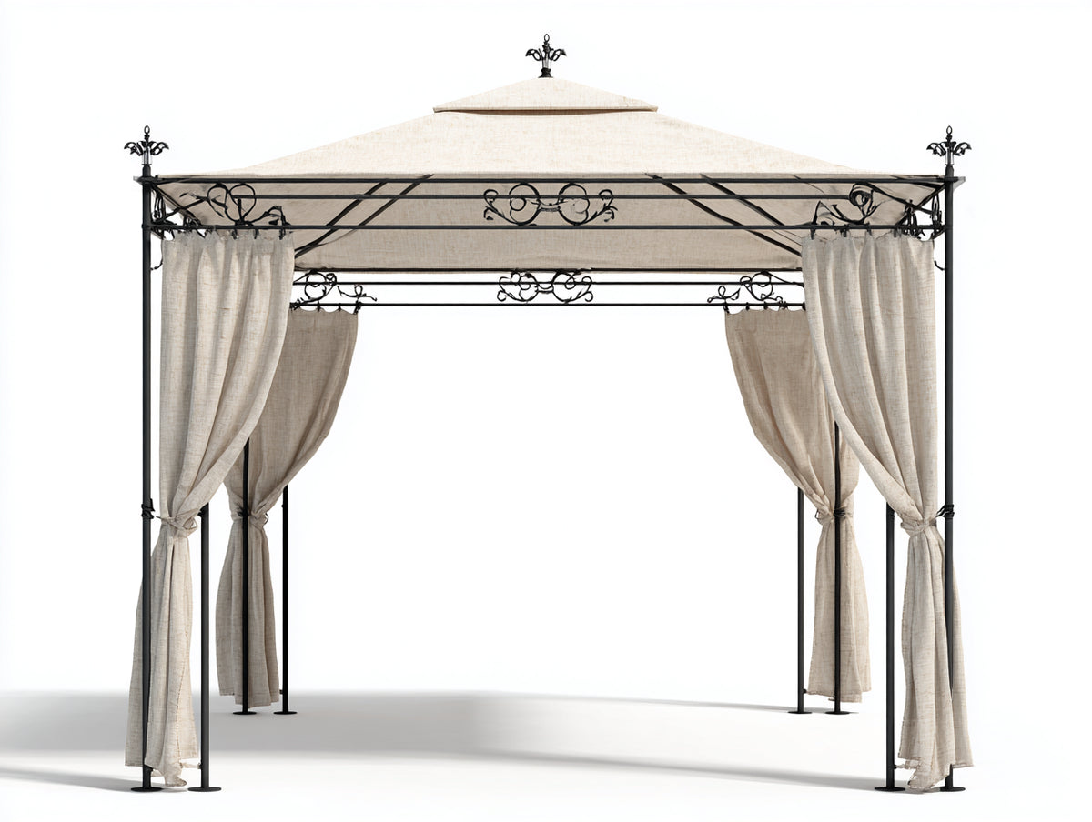 Pérgola de jardín de metal con techo textil y cortinas 300 x 300 x 280 cm - Negro-Beige - Diseño clásico abierto para terraza y patio