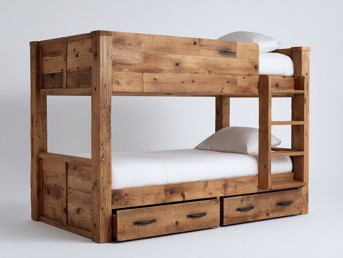 Literas de madera maciza 205 x 105 x 175 cm - marrón rústico - con escalera integrada y 2 cajones inferiores
