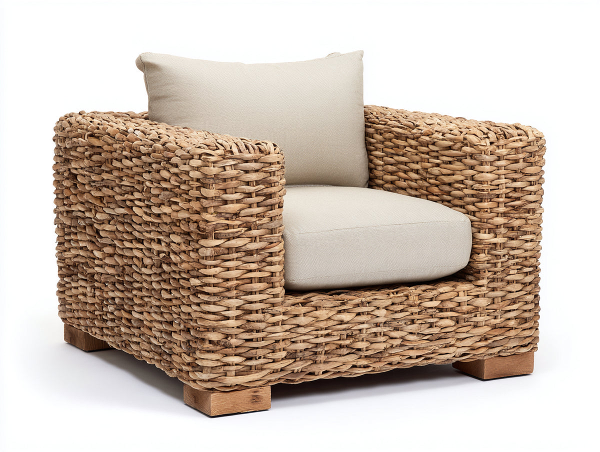 Sillones de ratán tejido 95x90x82 cm - Marrón natural-Beige - Diseño rústico con reposabrazos y cojines