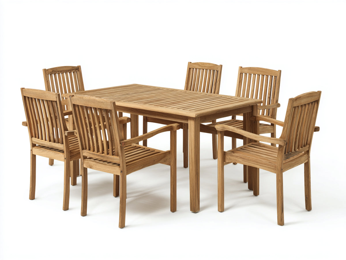 Conjuntos de comedor de jardín de madera maciza 160 x 90 x 75 cm - madera natural - mesa rectangular con 6 sillas con reposabrazos