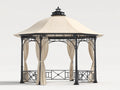 Pérgola de jardín de metal 300 x 300 x 280 cm - negro y beige - con techo de tela y cortinas laterales
