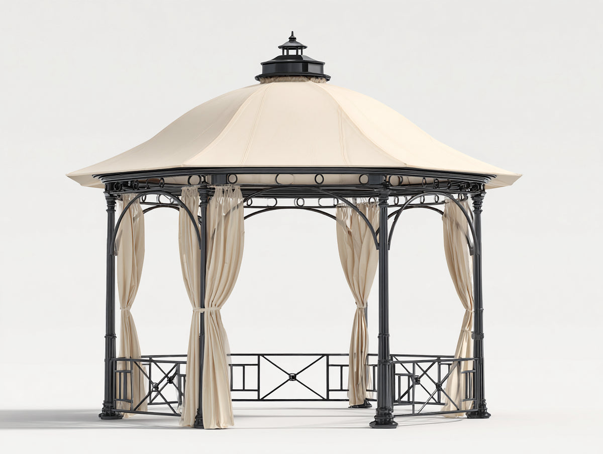 Pérgola de jardín de metal 300 x 300 x 280 cm - negro y beige - con techo de tela y cortinas laterales