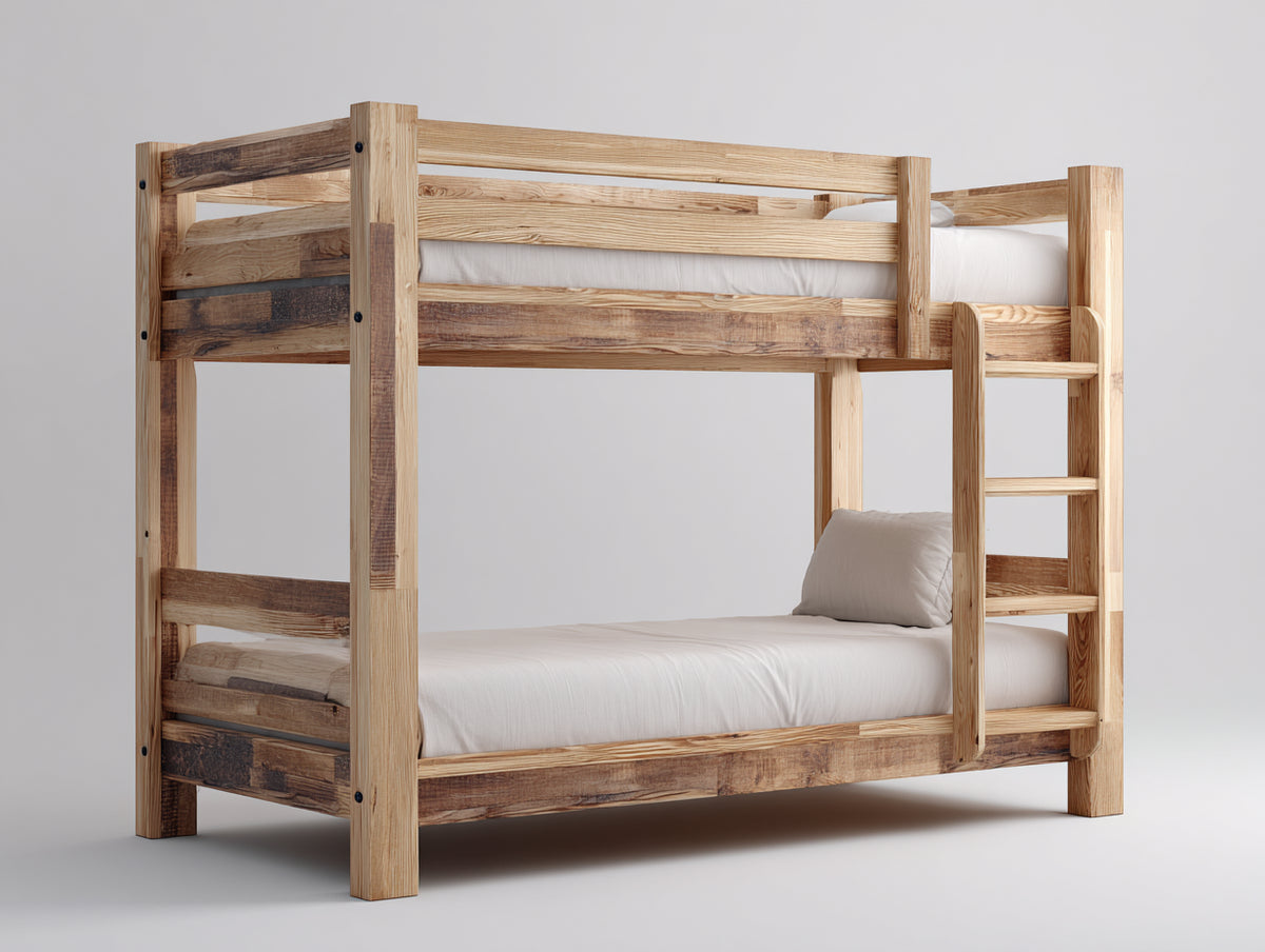 Literas de madera maciza con escalera integrada 205 x 100 x 175 cm - Madera natural - Diseño rústico para dormitorio compartido