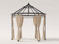 Pérgola de jardín 300 x 300 x 295 cm - metal negro y cortinas beige - diseño redondo con techo abierto decorativo