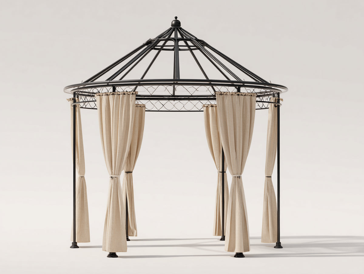 Pérgola de jardín 300 x 300 x 295 cm - metal negro y cortinas beige - diseño redondo con techo abierto decorativo