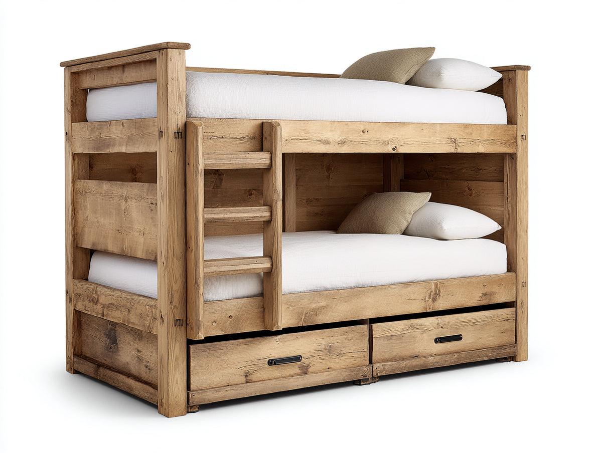 Literas con almacenamiento de madera maciza de pino 205x105x175 cm - Madera natural envejecida - Diseño rústico con escalera integrada y 2 cajones